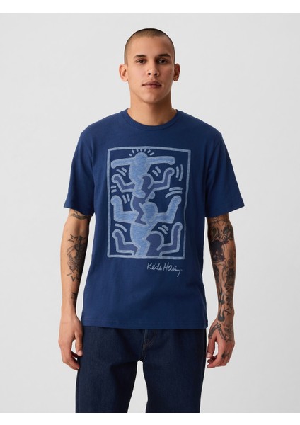 Erkek Koyu Mavi Gap × Keith Haring Grafikli T-Shirt