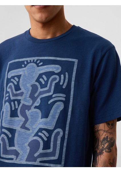 Erkek Koyu Mavi Gap × Keith Haring Grafikli T-Shirt