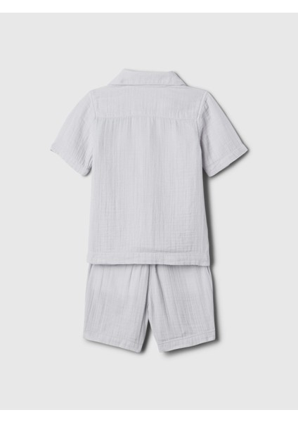 Erkek Bebek Gri Brannan Bear Işlemeli Crinkle Gauze Outfit Set