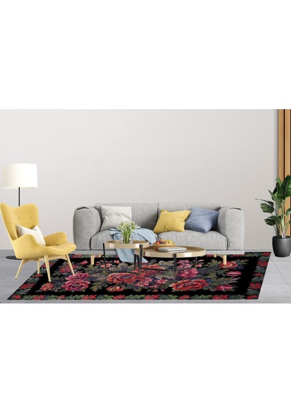 Klasik Siyah Salon&yolluk Dijital Baskılı Makinede Yıkanabilir Kaymaz Taban Saçaklı Halı HK115 modelleri