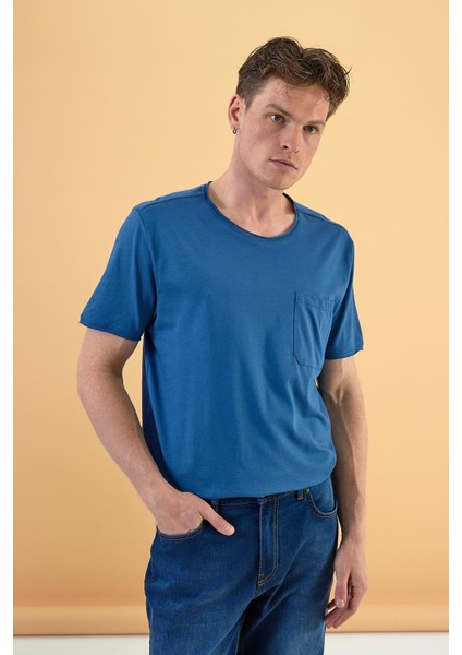 Erkek Simon Navy Bisiklet Yaka Cep Detaylı Basic Tişört