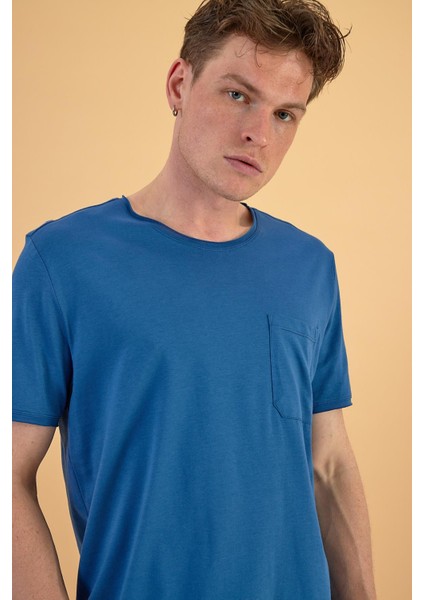 Erkek Simon Navy Bisiklet Yaka Cep Detaylı Basic Tişört