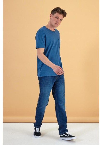 Erkek Simon Navy Bisiklet Yaka Cep Detaylı Basic Tişört