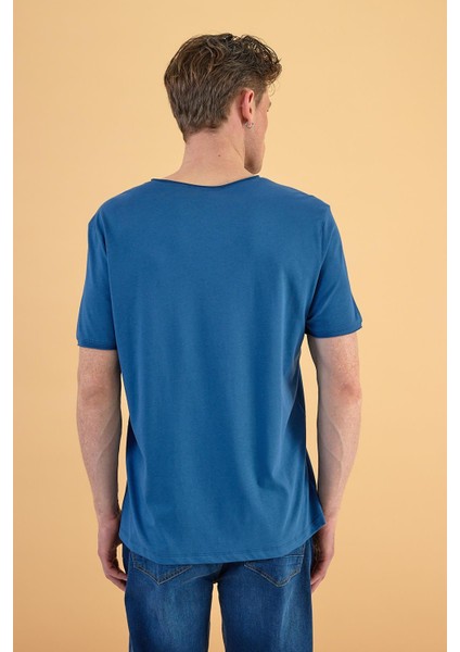 Erkek Simon Navy Bisiklet Yaka Cep Detaylı Basic Tişört