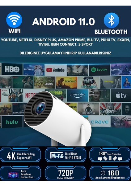 Projeksiyon Cihazı Android 11 Wifi 6 Bluetooth 5.0 Ultra Hd Pro Versiyon Taşınabilir Projektör