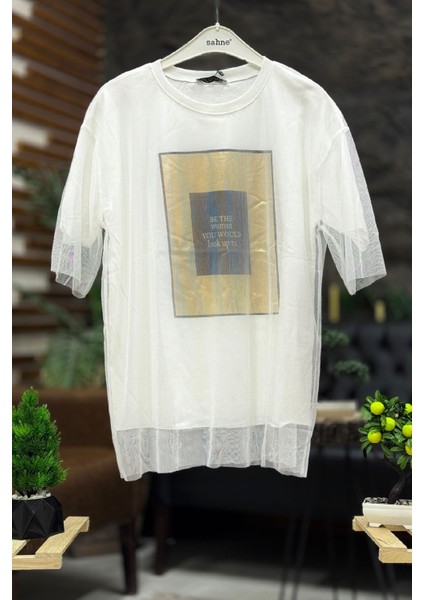 Tüllü Varak Baskı Oversize Tshirt