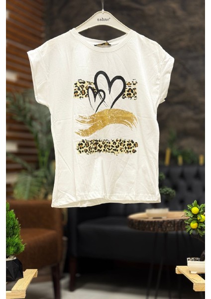 Leopar Gold Baskılı Kısa Kol Penye Tshirt