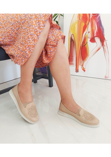 Nut Renk Düz Taban Lazer Kesim Kadın Babet Ayakkabı modelleri