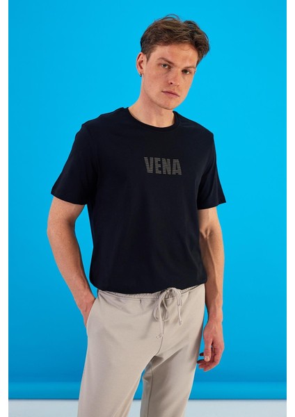 Erkek Vena Siyah Logo Baskılı Bisiklet Yaka Tişört