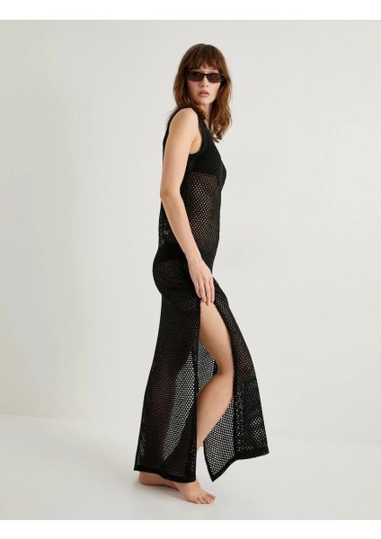 Uzun Plaj Elbisesi Ajurlu Bisiklet Yaka Yırtmaç Detaylı modelleri