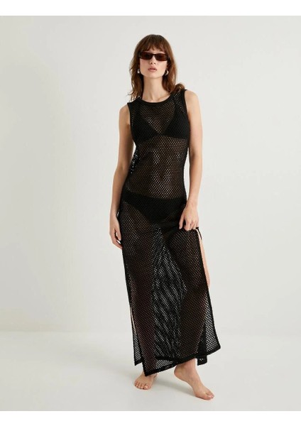 Uzun Plaj Elbisesi Ajurlu Bisiklet Yaka Yırtmaç Detaylı indirimleri