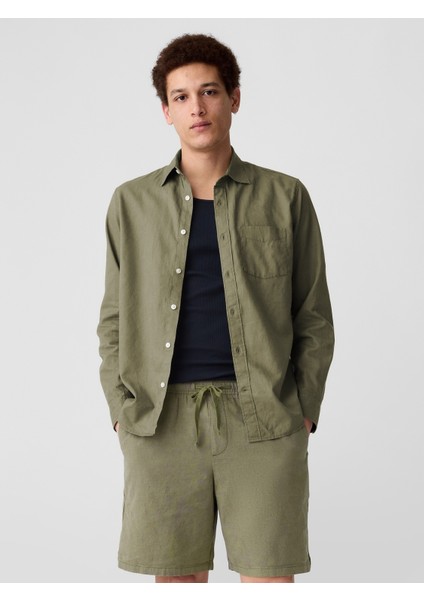 Erkek Haki Standard Fit Keten Karışımlı Gömlek