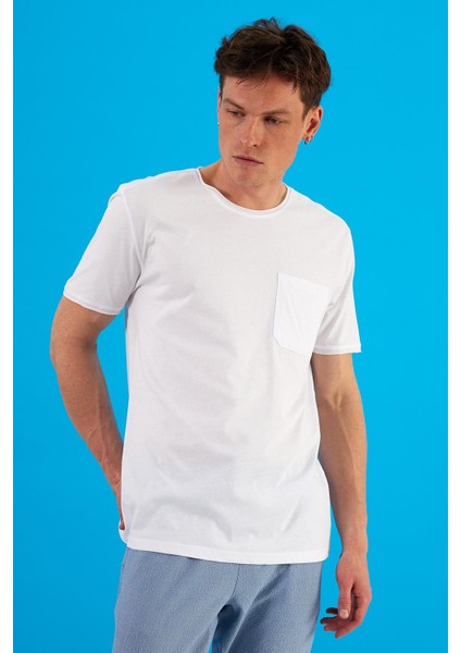 Erkek Simon Beyaz Bisiklet Yaka Cep Detaylı Basic Tişört fiyatları