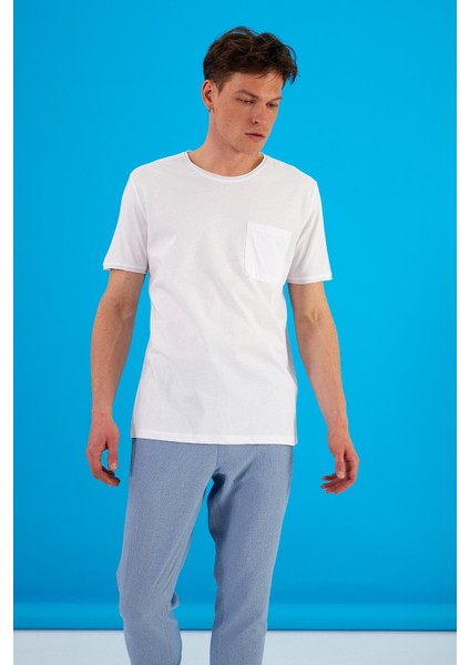 Erkek Simon Beyaz Bisiklet Yaka Cep Detaylı Basic Tişört modelleri