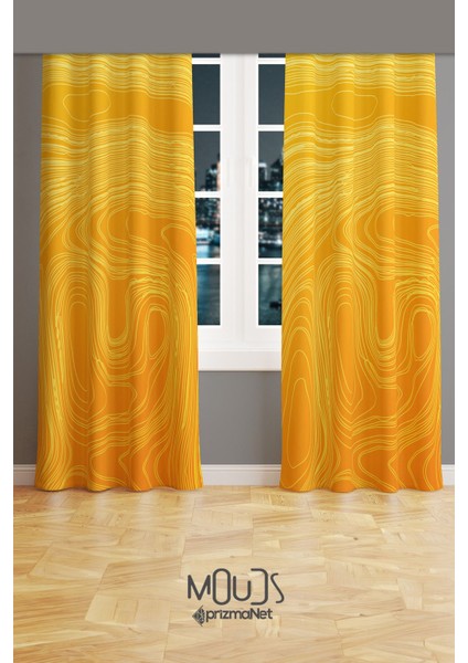 Yellow Wave Stile Desenli Süet Oturma Odası Salon Fon Perde Baskılı Ekstrafor Büzgü 2 Kanat PRD-1059