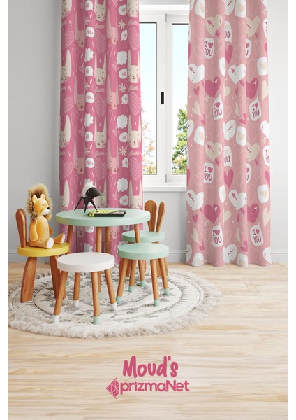 Aşk ve Kedi Desenli Baskılı Çocuk ve Bebek Odası Fon Perdesi 2 Kanat - Prd-32