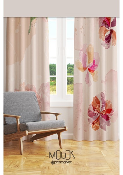 Flower Art Desenli Süet Oturma Odası Salon Fon Perde Baskılı Ekstrafor Büzgü 2 Kanat PRD-1030