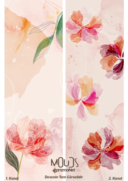 Flower Art Desenli Süet Oturma Odası Salon Fon Perde Baskılı Ekstrafor Büzgü 2 Kanat PRD-1030