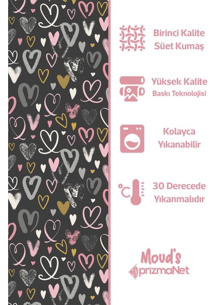 Gri Kalpler Desenli Baskılı Çocuk ve Bebek Odası Fon Perdesi 2 Kanat - Prd-34