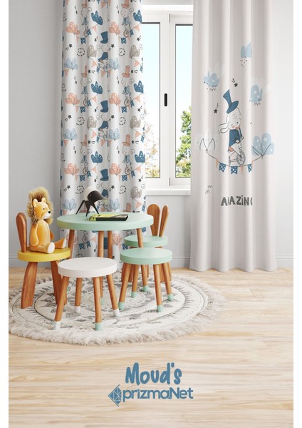 Hokkabaz Köpekcik Desenli Baskılı Çocuk ve Bebek Odası Fon Perdesi 2 Kanat - Prd-22