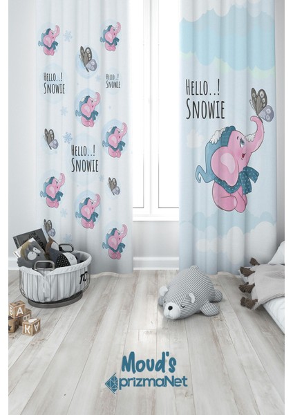 Pembe Fil Desenli Baskılı Çocuk ve Bebek Odası Fon Perdesi 2 Kanat - Prd-24