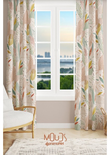 Xero Floral 2 Desenli Süet Oturma Odası Salon Fon Perde Baskılı Ekstrafor Büzgü 2 Kanat PRD-1080