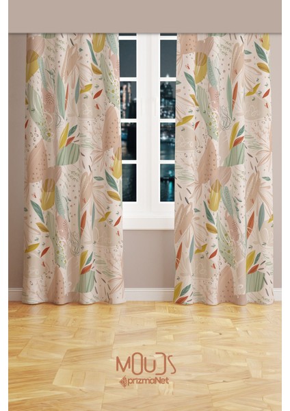 Xero Floral 2 Desenli Süet Oturma Odası Salon Fon Perde Baskılı Ekstrafor Büzgü 2 Kanat PRD-1080