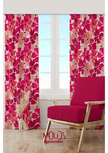Kiraz Çiçeği Desenli Süet Oturma Odası Salon Fon Perde Baskılı Ekstrafor Büzgü 2 Kanat PRD-1023