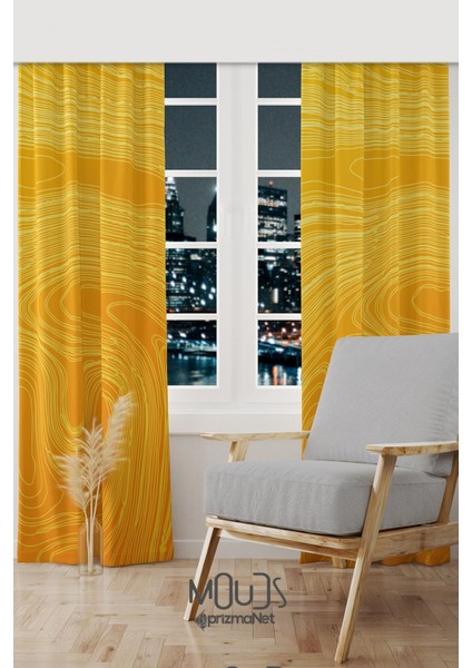 Yellow Wave Stile Desenli Süet Oturma Odası Salon Fon Perde Baskılı Ekstrafor Büzgü 2 Kanat PRD-1059