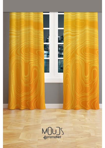 Yellow Wave Stile Desenli Süet Oturma Odası Salon Fon Perde Baskılı Ekstrafor Büzgü 2 Kanat PRD-1059