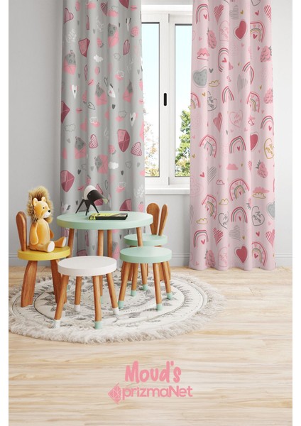 Kalp ve Zarf Desenli Baskılı Çocuk ve Bebek Odası Fon Perdesi 2 Kanat - Prd-33