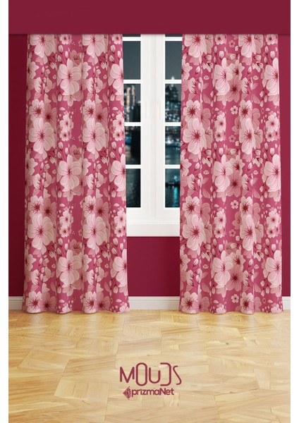 Pembe Çiçek 2 Desenli Süet Oturma Odası Salon Fon Perde Baskılı Ekstrafor Büzgü 2 Kanat PRD-1041