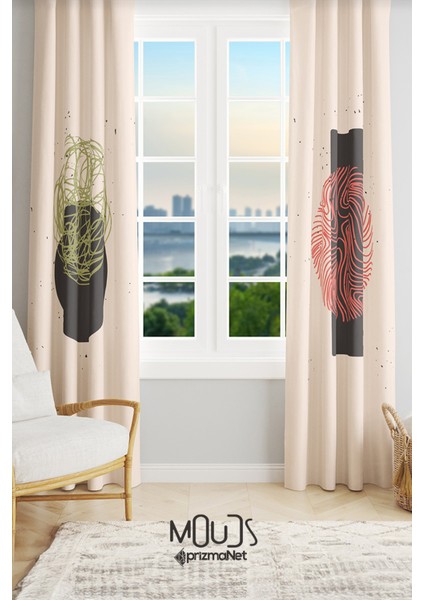 Minimal Sanat Desenli Süet Oturma Odası Salon Fon Perde Baskılı Ekstrafor Büzgü 2 Kanat PRD-1113