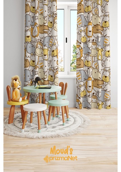 Turuncu Minik Hayvanlar Desenli Baskılı Çocuk ve Bebek Odası Fon Perdesi 2 Kanat - Prd-05 fiyatları