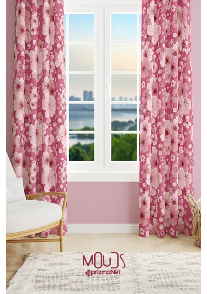 Pembe Çiçek 2 Desenli Süet Oturma Odası Salon Fon Perde Baskılı Ekstrafor Büzgü 2 Kanat PRD-1041