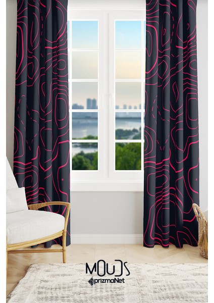 Wave Fuchsia Desenli Süet Oturma Odası Salon Fon Perde Ekstrafor Büzgü 2 Kanat PRD-1097