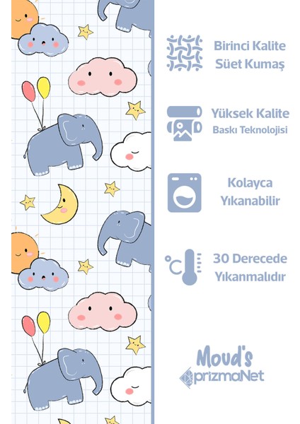 Minik Fil Desenli Baskılı Çocuk ve Bebek Odası Fon Perdesi 2 Kanat - Prd-16