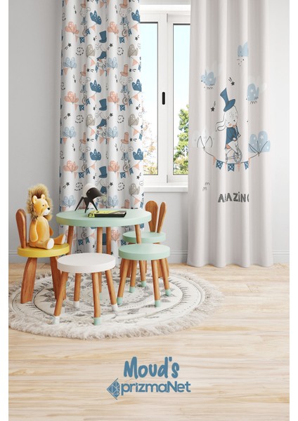 Hokkabaz Köpekcik Desenli Baskılı Çocuk ve Bebek Odası Fon Perdesi 2 Kanat - Prd-22