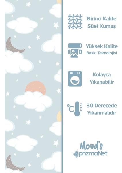 Ay ve Bulut Desenli Baskılı Çocuk ve Bebek Odası Fon Perdesi 2 Kanat - Prd-21