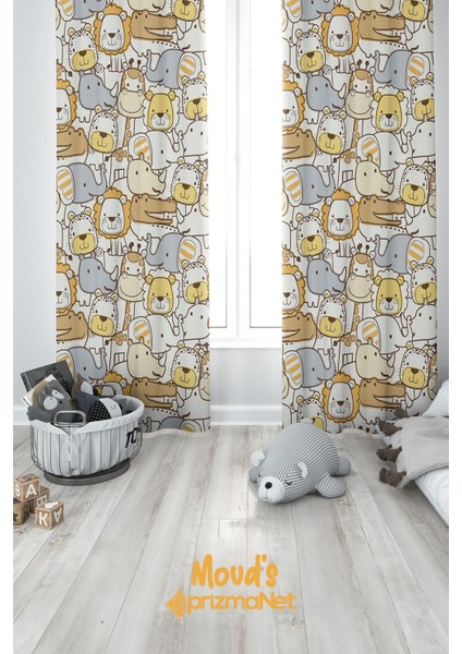 Turuncu Minik Hayvanlar Desenli Baskılı Çocuk ve Bebek Odası Fon Perdesi 2 Kanat - Prd-05