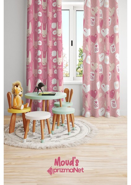Aşk ve Kedi Desenli Baskılı Çocuk ve Bebek Odası Fon Perdesi 2 Kanat - Prd-32