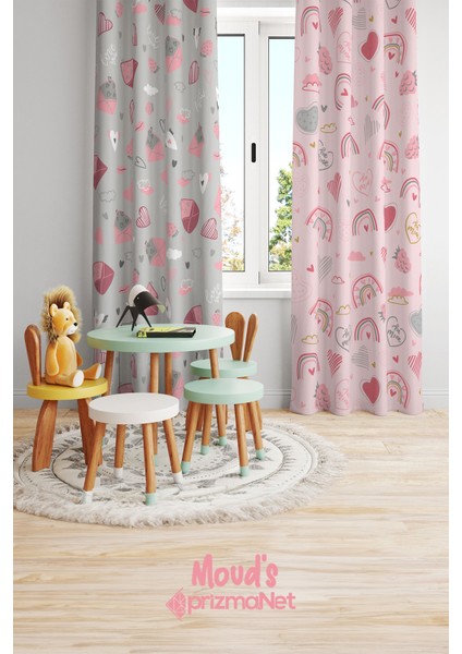 Kalp ve Zarf Desenli Baskılı Çocuk ve Bebek Odası Fon Perdesi 2 Kanat - Prd-33