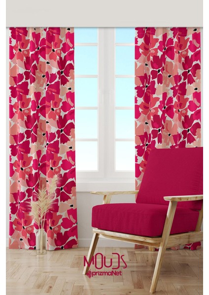 Kiraz Çiçeği Desenli Süet Oturma Odası Salon Fon Perde Baskılı Ekstrafor Büzgü 2 Kanat PRD-1023