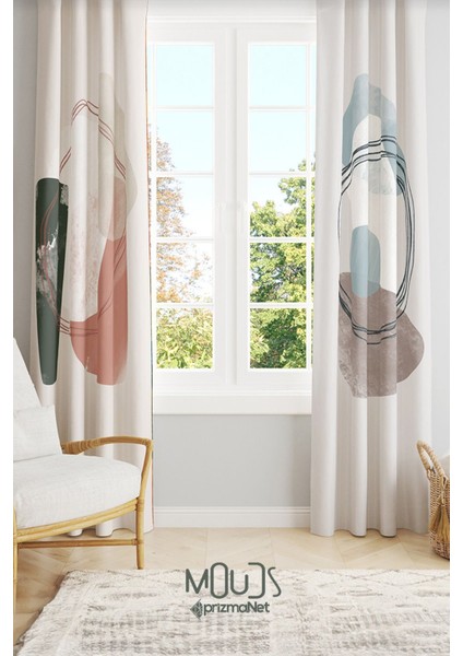 Soft Oval Desenli Süet Oturma Odası Salon Fon Perde Baskılı Ekstrafor Büzgü 2 Kanat PRD-1111
