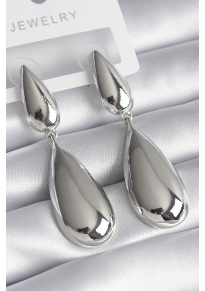 E-Bijuteri Pirinç Gümüş Renk Damla Sallantı Model Kadın Küpe