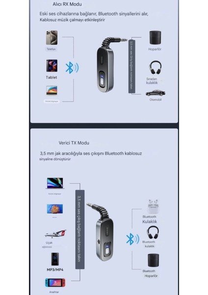 BT10 Bluetooth 5.1 Çevirici Adaptör Araba Müzik Kulaklık Hoparlör Verici Alıcı Kablosuz 3.5mm Jack Çok Fonksiyonlu İkili Mod Geçişi Yeni Nesil Son Teknoloji