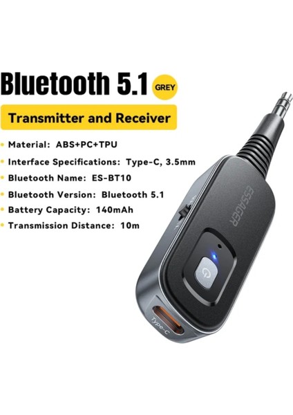 BT10 Bluetooth 5.1 Çevirici Adaptör Araba Müzik Kulaklık Hoparlör Verici Alıcı Kablosuz 3.5mm Jack Çok Fonksiyonlu İkili Mod Geçişi Yeni Nesil Son Teknoloji