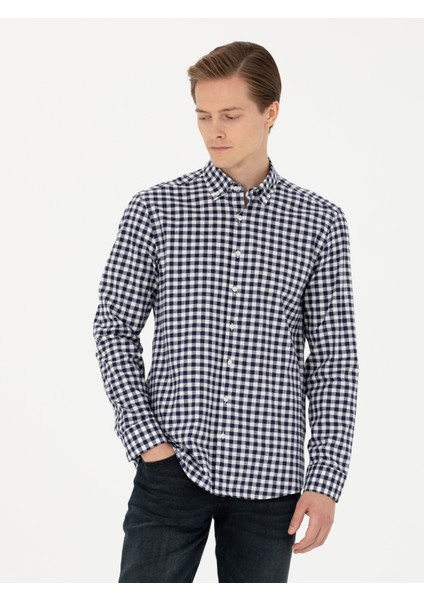 Erkek Lacivert Slim Fit Uzun Kollu Kareli Gömlek 50276942-VR033