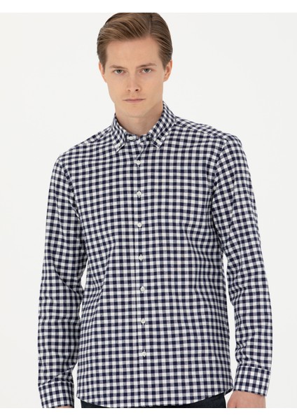 Erkek Lacivert Slim Fit Uzun Kollu Kareli Gömlek 50276942-VR033