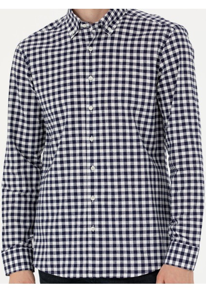 Erkek Lacivert Slim Fit Uzun Kollu Kareli Gömlek 50276942-VR033